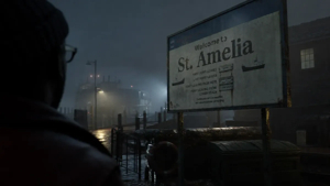 St. Amelia welcome sign in the fog from Silent Hill Townfall
